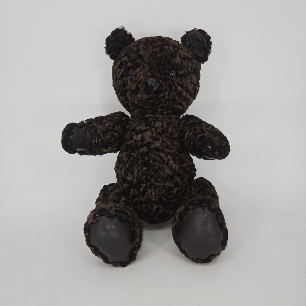 Vintage Jointed Teddy Bear Brown Curly Plush Leather Paws Glass Eyes 17" Stuffed